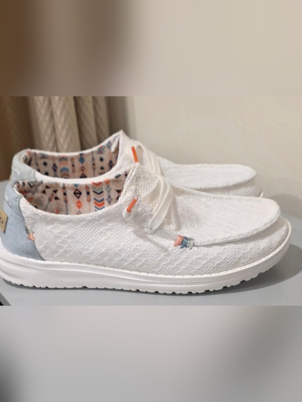 Hey Dude Women's White Lace Slip-On Loafers with Coral Accent - Picture 2 of 4